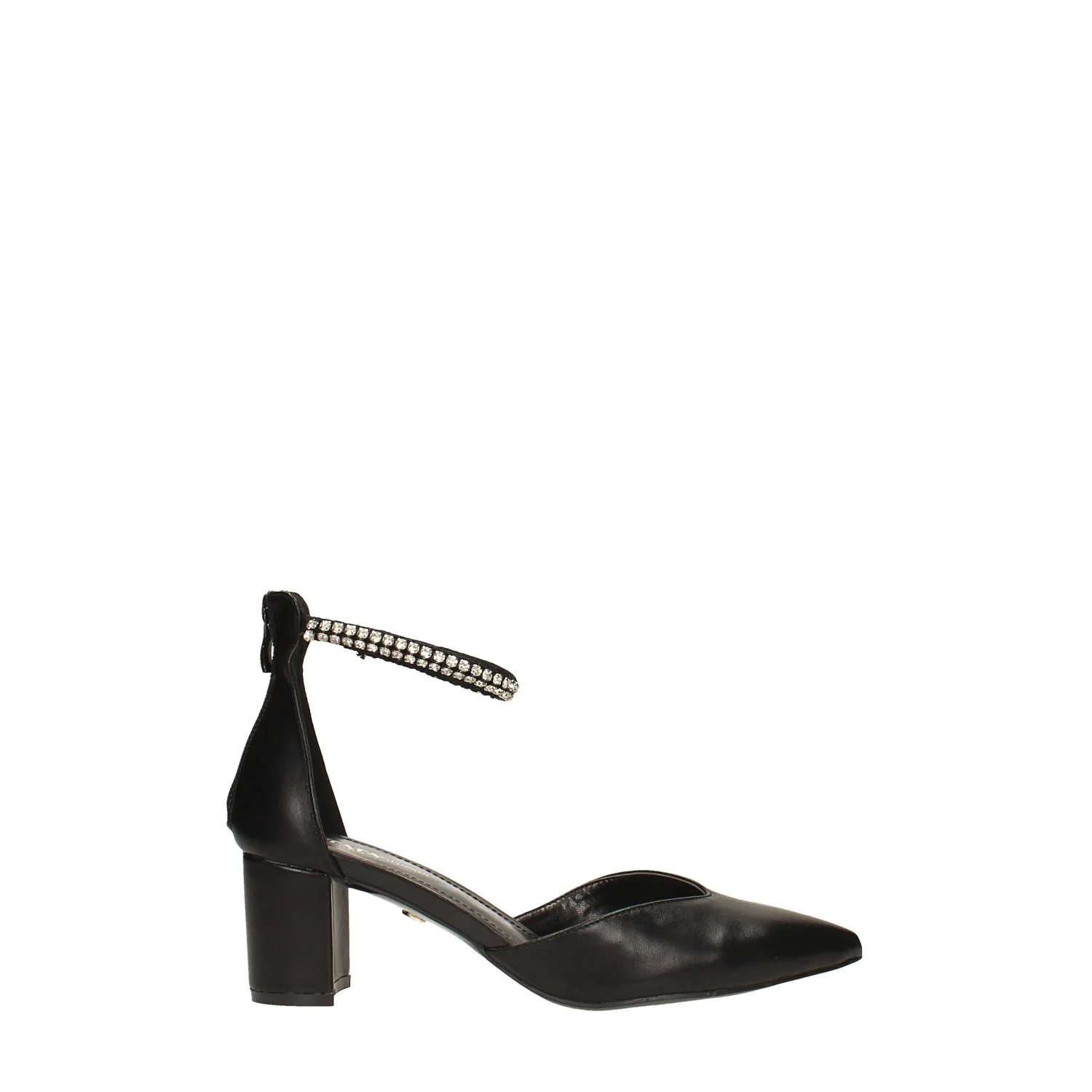 Décolleté a punta con cinturino con strass. Tacco alto 6cm